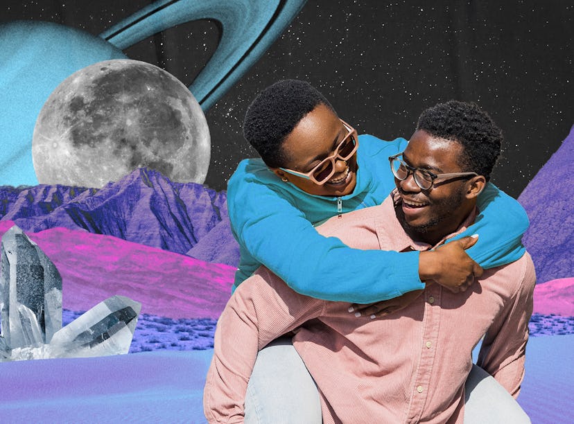 A young couple piggybacking in front of the moon ahead of their December 2024 horoscope.